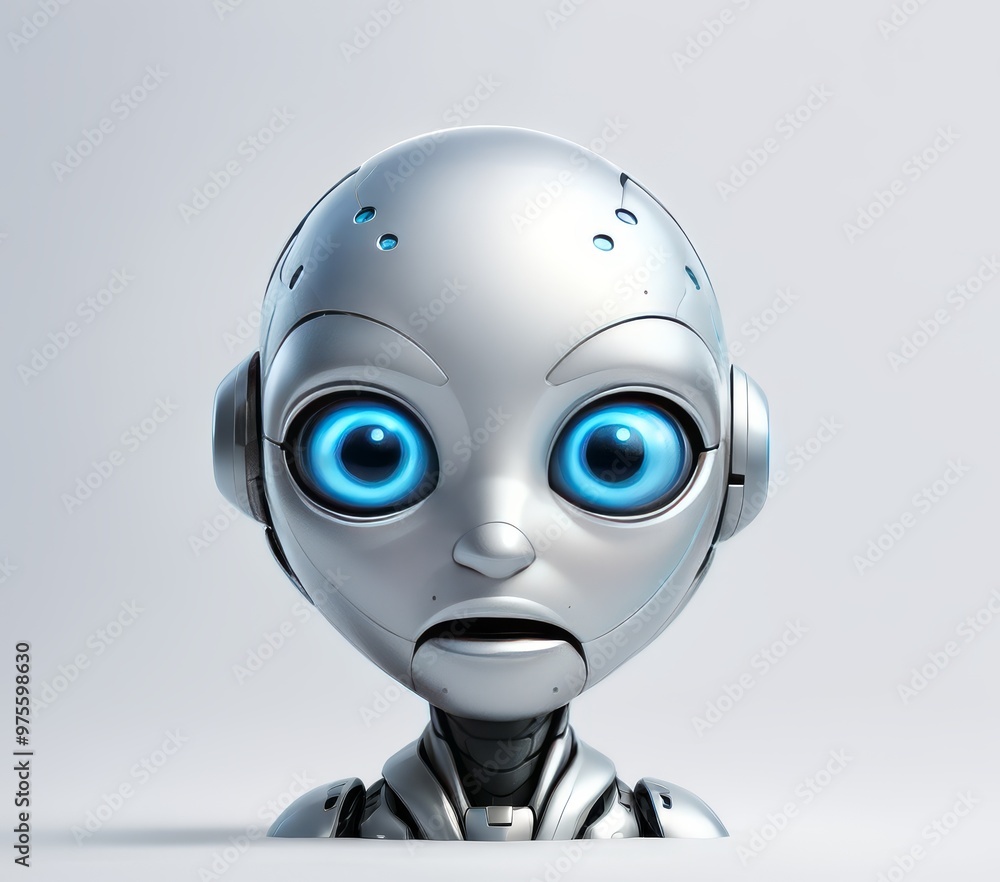 Poster a close-up portrait of a cute futuristic robot with large blue eyes and a metallic body. the robot's