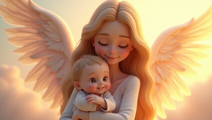 Loving angel mom embracing child symbolizing unconditional love in ethereal setting