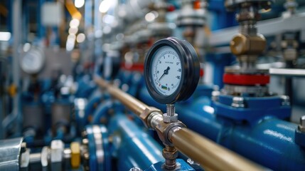 Close up of a pressure gauge monitoring the of industrial machinery equipment and systems in a factory or power plant setting