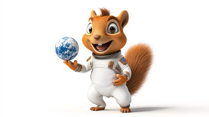 Cute Squirrel Astronaut Holding Earth Globe 3D Illustration