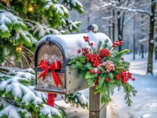 A festive, ornate mailbox adorned with snowflakes, holly, and red ribbons, nestled among evergreen branches, awaiting holiday cards and letters in the snowy winter landscape.