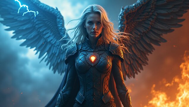 Epic female warrior split between storm clouds and molten rock