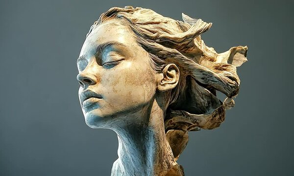 Intricate sculpture of woman with flowing hair with ai generated.
