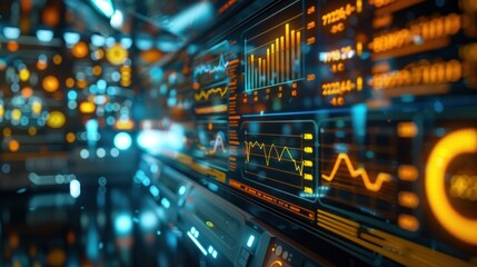 Naklejka premium Vibrant abstract digital data visualization with colorful financial charts graphs and market analytics Futuristic technology background with dynamic information connectivity