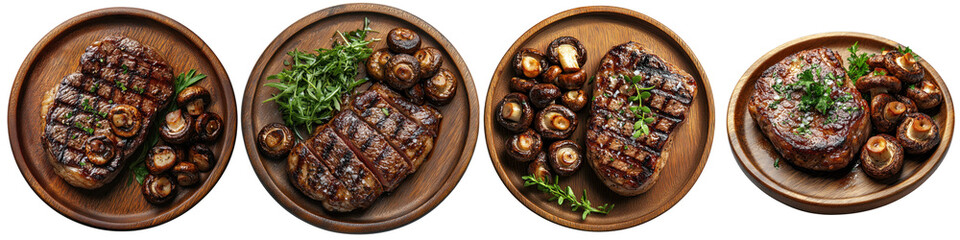 A top view of a steak with garlic roasted mushrooms on a wooden plate, centered on a transparent background.