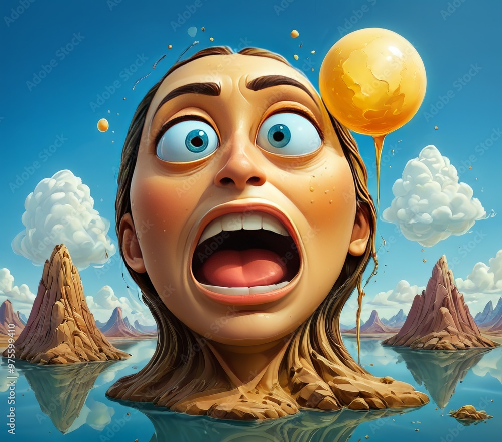 Poster a surreal image featuring a woman's exaggerated expression of surprise and astonishment, set against