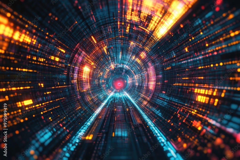 Poster interactive futuristic tunnel. digital flow of big data in cyberspace.