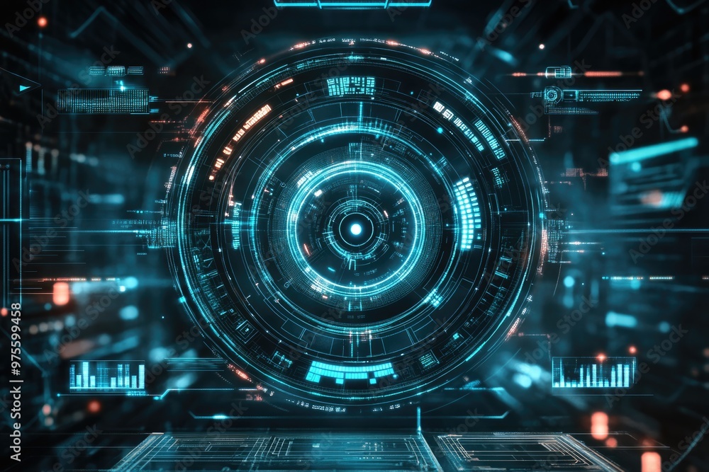 Poster futuristic digital circle interface. hud design element. sci-fi target pointer. ai surface of screen