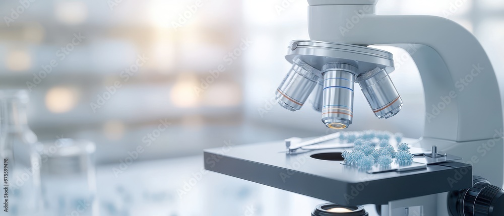 Poster a sleek laboratory microscope with multiple objective lenses, set against a blurred background of gl