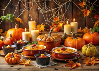A festive autumnal table setting featuring a variety of creative casseroles, surrounded by pumpkins, candles, and spider web decorations, perfect for a Halloween party.