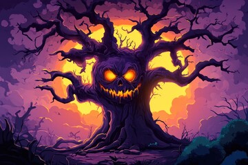 Halloween tree with a sinister face in cartoon style. Funny Halloween party concept.	