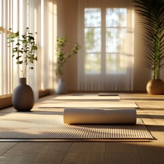Fototapeta premium Serene yoga studio with natural light, plants, and a rolled mat on wooden floor. Perfect for relaxation and mindfulness.