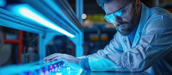 Fototapeta premium Close up view of a technician or engineer working on an intricate electronic circuit board with various microchips and components in a futuristic blue lit workspace or laboratory setting