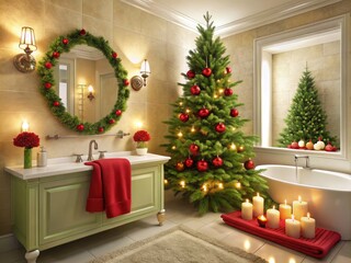 A festive bathroom scene featuring a decorated Christmas tree, holly-adorned mirror, and red-and-green towels, surrounded by elegant candlelight and subtle snowflakes.