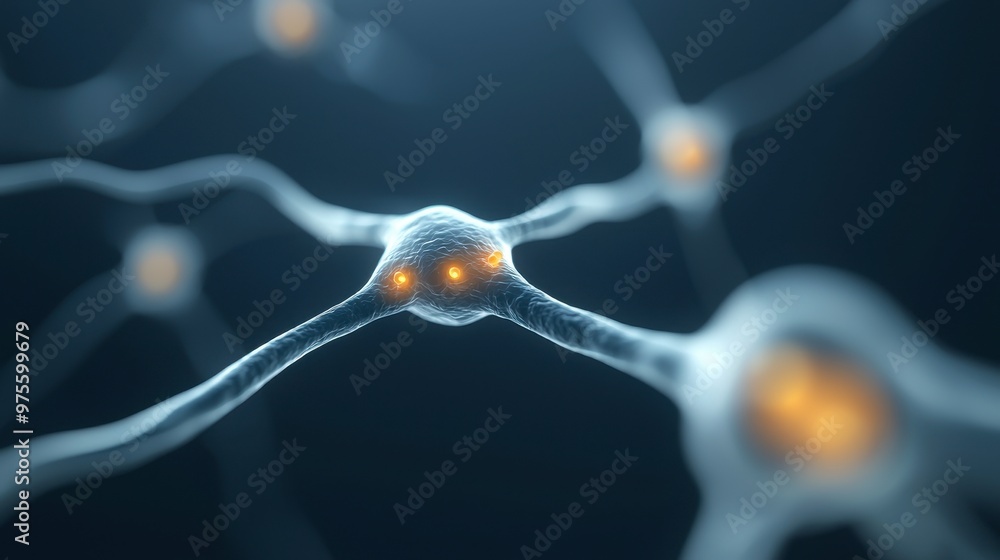 Poster a close-up image showcasing neural cells with glowing connections, illustrating the intricate networ