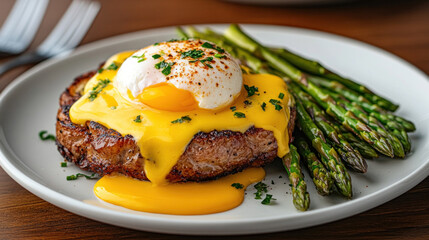 A gourmet dish highlights asparagus spears served with a poached egg and hollandaise sauce for a refined brunch option.