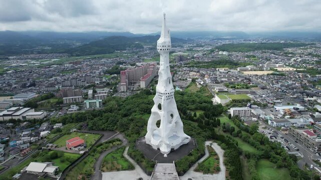 Aerial view of The Great Peace Prayer Tower or PL Peace Tower, in Osaka, Japan
