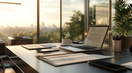 A modern office workspace with a laptop, documents, and a coffee cup, showcasing productivity and comfort.