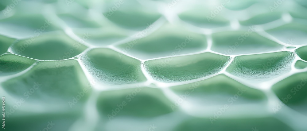 Poster a close-up image of a textured, hexagonal surface with a soft green hue, resembling natural material