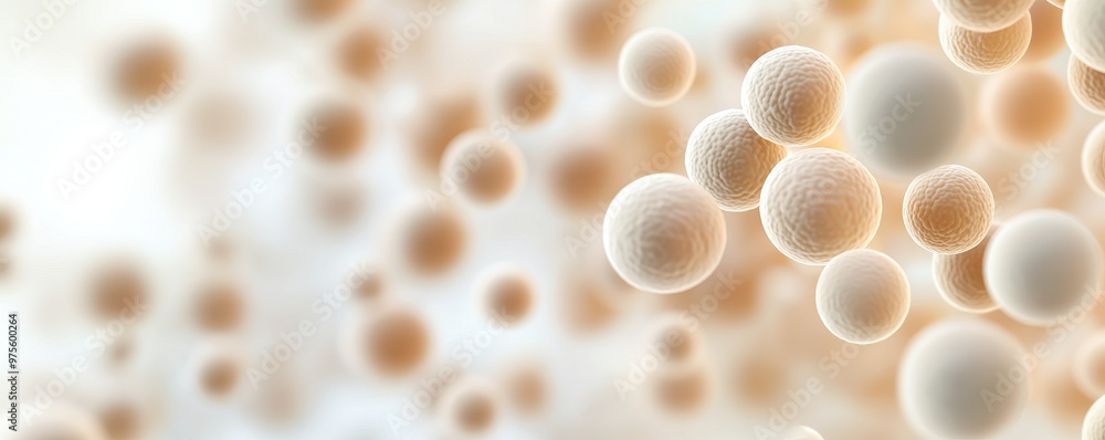 Poster abstract image of soft, translucent spheres, resembling cells or bubbles, creating a light and airy 