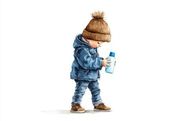 A cute child wearing a cozy outfit examines a bottle while standing, capturing the essence of childhood curiosity and innocence.