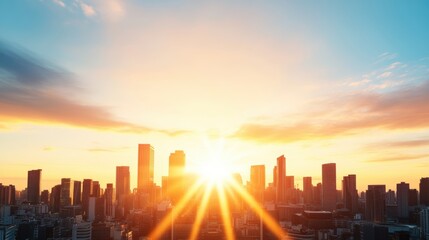 Fototapeta premium A panoramic view of a city skyline bathed in the warm, golden glow of a setting sun.