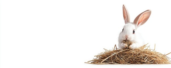 A cute white rabbit resting on a pile of straw, showcasing its fluffy fur and long ears in a serene rural setting.