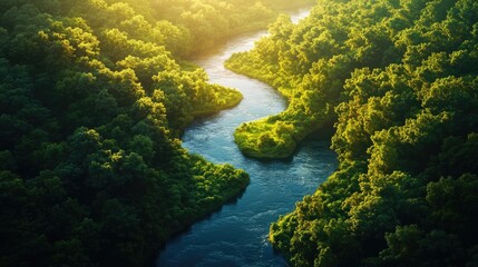 The winding river carves its path through a dense forest, reflecting the morning sun, creating a serene landscape