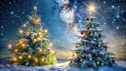 A festive holiday background featuring a snow-covered evergreen tree adorned with twinkling lights, garlands, and ornaments against a soft, starry night sky with a hint of frost.