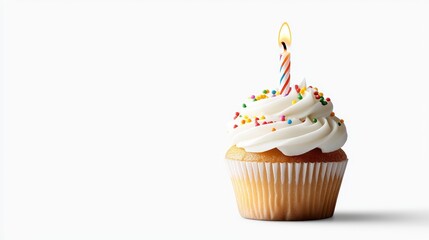 A delicious cupcake topped with creamy frosting and a colorful candle, perfect for celebrations and sweet moments.