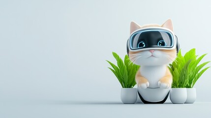 Naklejka premium Cute Cat Wearing VR Headset in Front of Plants