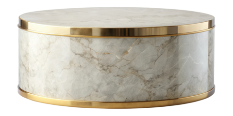 Round marble pedestal featuring a sleek gold border. Its luxurious design makes it a perfect addition to both modern and elegant interior decor. Isolated on transparent background, png.