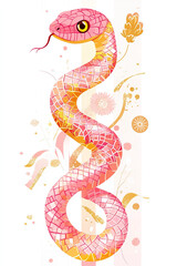 Obraz premium Vector illustration of a cute snake with pink and gold checkered design on a ribbon banner, with Chinese character 