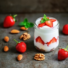 Greek yogurt topped with nuts and strawberries in a glass jar on a concrete surface, accompanied by a spoon. Close-up view with space for text, showcasing a healthy breakfast with fresh fruits.