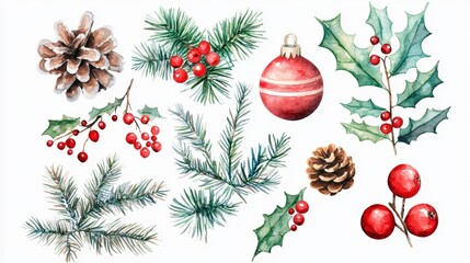 A festive collection of watercolor Christmas elements featuring holly, pine, cones, and ornaments, perfect for holiday designs.