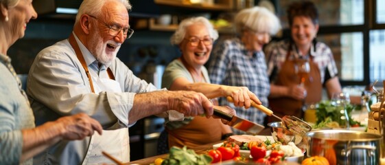 A group of elderly friends joyfully cooking together in a cozy kitchen, sharing laughter and a love for preparing food.