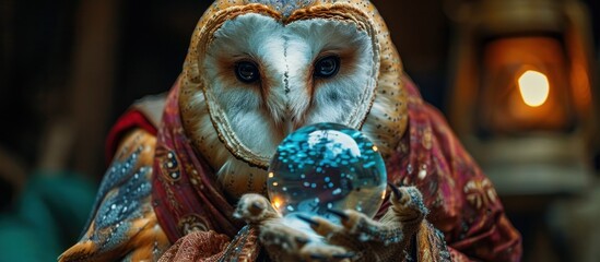 Mystical owl adorned with a celestial headdress and holding a glowing crystal ball set against a backdrop of stars galaxies and cosmic energy This surreal