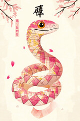 Fototapeta premium Cute snake with pink and gold checkered pattern on a vertical ribbon banner featuring the Chinese character 