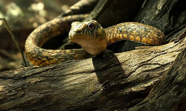 Close-up of snake crawling on tree branch with ai generated.

