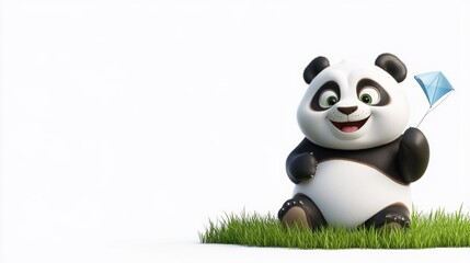 Cute Panda Holding a Kite in Grass