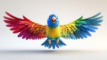 Colorful Parrot with Rainbow Feathers Flying on White Background