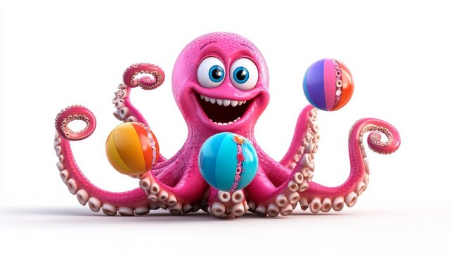 Playful Pink Octopus with Colorful Beach Balls