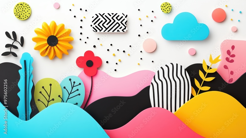 Poster a playful image of abstract shapes and patterns, representing the whimsical nature of the sky and it
