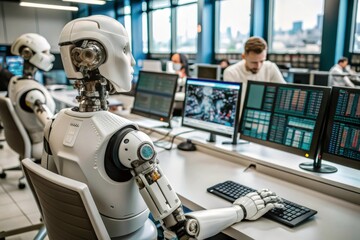 Fototapeta premium Humanoid Robot Working at Modern Office Desk with Advanced AI Technology