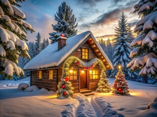 A festive holiday scene featuring a snow-covered cabin surrounded by twinkling lights, adorned with wreaths and garlands, amidst a serene winter landscape.