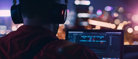 A person wearing headphones is focused on a laptop screen with a blurred cityscape glowing in the background.
