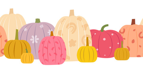 Bright pumpkins with patterns isolated on a white background. Seamless border.