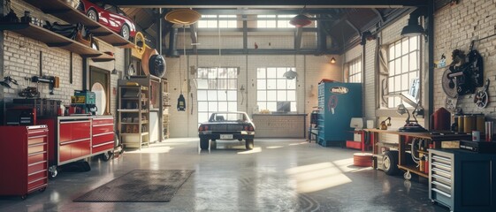 A well-lit, immaculate auto garage with a single classic car centered, evoking a sense of nostalgia and dedication to craftsmanship.