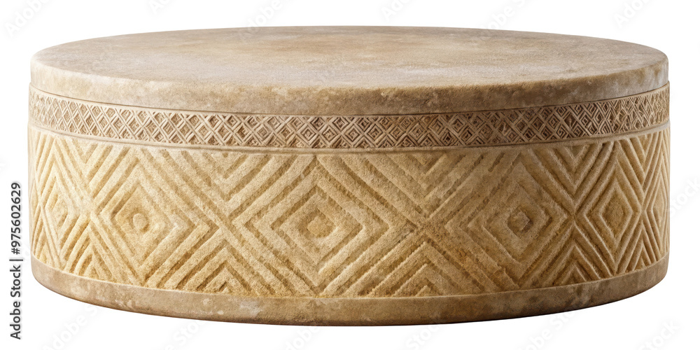 Poster round stone pedestal with a tribal pattern and textured surface. perfect for adding a cultural and r