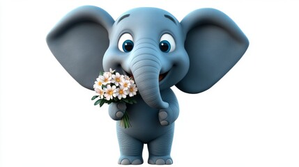 Obraz premium Cute Cartoon Elephant Holding Flowers